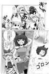  bomber_grape comic doll_head doujinshi fainting falling futatsuiwa_mamizou greyscale hat henohenomoheji highres leaf leaf_on_head monochrome mononobe_no_futo multiple_girls rolling scan screaming tate_eboshi toramaru_shou touhou translated 