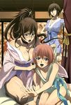  absurdres ahoge asa_no_ha_(pattern) asai_hyougo blue_eyes breasts brown_hair chiharu_(dai_shogun) choker cleavage fuuun_ishin_dai_shogun glasses green_eyes hattori_kiriko highres japanese_clothes kneeling large_breasts legs long_hair multiple_girls non-web_source nyantype official_art open_mouth ponytail red_hair short_hair very_long_hair 