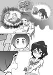  2girls :o bad_id bad_pixiv_id chair collarbone comic desk gamagoori_ira glasses greyscale guts_(kill_la_kill) gyosone highres kill_la_kill looking_away mankanshoku_mako matoi_ryuuko mikisugi_aikurou monochrome multiple_girls neckerchief oogure_maiko parted_lips sad sailor_collar school_uniform senketsu serafuku short_hair short_sleeves sitting smile table 