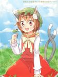 animal_ears blue_sky bow brown_eyes brown_hair bug cat_ears cat_tail chen cloud clover day dress ear_piercing fang four-leaf_clover hat ibaraki_natou insect jewelry ladybug mob_cap multiple_tails nekomata open_mouth piercing red_dress shirt single_earring sky smile solo tail touhou translation_request 