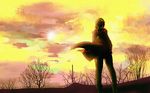  back blonde_hair braid canvas_(medium) edward_elric fullmetal_alchemist hands_in_pockets hood long_hair robe scenery sitc sky solo sunset traditional_media tree wallpaper 