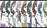  5boys amamiya_hibiya column_lineup daze_(kagerou_project) ene_(kagerou_project) headphones hood hoodie kagerou_project kano_shuuya kido_tsubomi kisaragi_momo kisaragi_shintarou konoha_(kagerou_project) kozakura_marry lineup long_hair looking_at_viewer multiple_boys multiple_girls pillar pirika_(rm0315) red_eyes seto_kousuke short_hair spot_color 