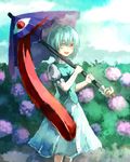  bad_id bad_pixiv_id blue_eyes blue_hair blue_sky cloud day faux_traditional_media flower heterochromia hydrangea karakasa_obake looking_at_viewer onaga open_mouth puffy_short_sleeves puffy_sleeves red_eyes short_hair short_sleeves skirt skirt_set sky solo tatara_kogasa touhou umbrella 