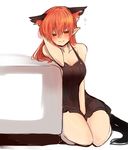  alternate_costume alternate_hairstyle animal_ears blush breasts cat_ears cleavage extra_ears hair_down highres kaenbyou_rin large_breasts long_hair mizuga pointy_ears red_eyes red_hair simple_background sketch solo tail touhou white_background 