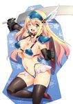  ;d adapted_costume armor atago_(kantai_collection) bikini_armor black_gloves black_legwear blonde_hair breasts cleavage elbow_gloves gloves green_eyes headgear jpeg_artifacts kantai_collection large_breasts leg_up long_hair navel one_eye_closed open_mouth pauldrons shield shinozuka_atsuto shiny shiny_skin smile solo strap_gap sword thighhighs valkyrie weapon 