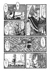  &gt;_&lt; animal_ears ball cat cat_ears cat_tail chen climbing closed_eyes comic doujinshi greyscale hat highres monochrome rooftop scan scarf tail too_many too_many_cats touhou traditional_media translation_request tree wind yotsuboshi-imai 