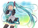 aqua_hair beamed_eighth_notes blush closed_eyes detached_sleeves green_hair half_note hatsune_miku headset long_hair musical_note necktie open_mouth quarter_note skirt solo staff_(music) thighhighs treble_clef twintails uguisu_mochi_(ykss35) very_long_hair vocaloid 