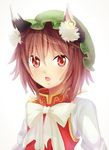  animal_ears bow brown_eyes brown_hair cat_ears cat_tail chen dress ear_piercing hat ibaraki_natou jewelry looking_at_viewer mob_cap multiple_tails nekomata open_mouth piercing red_dress shirt single_earring solo tail touhou upper_body 
