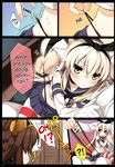  /\/\/\ 1boy 2girls admiral_(kantai_collection) anchor black_panties blonde_hair blush brown_hair comic elbow_gloves gloves hair_ornament hairband hard_translated highleg highleg_panties highres kantai_collection kongou_(kantai_collection) long_hair looking_at_viewer multiple_girls navel panties panty_lift shimakaze_(kantai_collection) sitting sitting_on_lap sitting_on_person skirt striped striped_legwear thighhighs translated underwear wedgie white_gloves yume_no_owari 