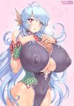  blue_hair breast_suppress breasts center_opening covered_nipples fishnets gigantic_breasts head_fins highres jewelry leotard mogudan navel pink_eyes puffy_sleeves scales smile solo wet 