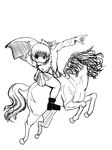  akatuki_(yamina) boots cape disembodied_head greyscale headless_horseman holding_head horseback_riding monochrome pointing pointing_forward riding sekibanki sketch skirt smirk solo touhou 