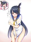  =_= bangs black_hair breasts commentary_request cosplay covering covering_breasts covering_crotch dress fusou_(kantai_collection) hair_ornament heavy_breathing kantai_collection kuon_(nokokopopo) large_breasts long_hair multiple_girls no_pants panties red_eyes sailor_dress shirt_tug short_hair smile translated underwear white_panties yamashiro_(kantai_collection) yukikaze_(kantai_collection) yukikaze_(kantai_collection)_(cosplay) 