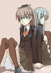  2girls aqua_eyes aqua_hair artist_name ascot bad_id bad_pixiv_id blazer blouse blue_eyes brown_hair brown_legwear dated hair_ornament hairclip jacket kantai_collection kirisaki_akihito kumano_(kantai_collection) long_hair long_sleeves multiple_girls open_mouth ponytail school_uniform signature skirt smile suzuya_(kantai_collection) thighhighs 