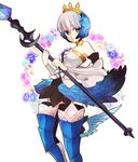  armor armored_boots armored_dress bad_id bad_pixiv_id blue_eyes boots crown dress expressionless feathers floral_background gloves greaves gwendolyn nttusksk odin_sphere polearm short_hair skirt solo spear strapless strapless_dress thigh_boots thighhighs weapon white_hair zettai_ryouiki 