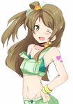  ;d blush brown_hair chata_maru_(irori_sabou) choker hand_on_hip heart long_hair looking_at_viewer love_live! love_live!_school_idol_project midriff minami_kotori natsuiro_egao_de_1_2_jump! navel one_eye_closed open_mouth simple_background smile solo tattoo white_background yellow_eyes 