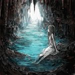  absurdres bad_id bad_pixiv_id black_hair brown_eyes cave dress highres long_hair looking_away original river shiguma_(sigmasmail) sitting underground water 