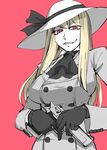  ascot bad_id bad_pixiv_id black_gloves blonde_hair breasts coat desert_eagle double-breasted gloves gun handgun hat hat_ribbon kirisaki_akihito large_breasts original pistol red_eyes ribbon weapon 