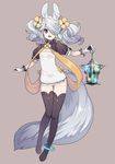  animal_ears anklet azuki_neko bad_id bad_pixiv_id black_legwear boots flower gloves hair_flower hair_ornament jewelry lantern long_hair looking_at_viewer original purple_eyes short_sleeves silver_hair simple_background smile tail thigh_boots thighhighs twintails white_gloves zettai_ryouiki 