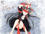  akemi_homura bdsm black_hair blindfold blush bondage bound directional_arrow dress funeral_dress hairband kuuru long_hair lying mahou_shoujo_madoka_magica mahou_shoujo_madoka_magica_movie on_back red_blindfold red_ribbon ribbon solo thighs 