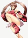  bare_legs bare_shoulders belt_boots boots breasts brown_hair china_dress chinese_clothes detached_sleeves dress fighting_stance frilled_skirt frills guilty_gear hair_tubes impossible_clothes kuradoberi_jam large_breasts leg_lift long_hair microskirt mitsumachi_senji parted_lips red_dress skirt solo thighs tight_dress wide_sleeves 