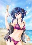  bad_id bad_pixiv_id beach bikini blue_hair blush breasts day girlfriend_(kari) hibara_eiko looking_at_viewer medium_breasts miyatomo_(hibaraya) purple_bikini purple_eyes short_hair solo swimsuit 