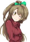  ;) blush brown_hair chata_maru_(irori_sabou) closed_mouth crossed_arms long_hair love_live! love_live!_school_idol_project minami_kotori one_eye_closed ribbed_sweater simple_background smile solo sweater turtleneck white_background yellow_eyes 
