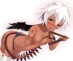  black_panties black_rock_shooter breasts licking momo_no_kanzume necktie nipples open_mouth panties short_hair simple_background small_breasts solo strength_(black_rock_shooter) tail tattoo thighhighs tongue tongue_out topless triangle underwear underwear_only white_hair white_legwear wings yellow_eyes 