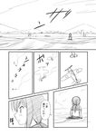  aircraft airplane beach burning comic fubuki_(kantai_collection) greyscale kantai_collection long_hair monochrome pleated_skirt ponytail school_uniform serafuku shimazaki_mujirushi short_sleeves skirt solo translated wading water 