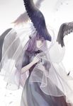  akemi_homura black_hair dress feathered_wings funeral_dress gradient gradient_background hairband lantty long_hair looking_at_viewer mahou_shoujo_madoka_magica mahou_shoujo_madoka_magica_movie purple_eyes simple_background smile solo spoilers veil wings 