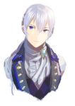  1boy amatari_sukuzakki blue_eyes brooch european_clothes fire_emblem fire_emblem_if jacket jewelry looking_at_viewer nintendo ponytail portrait silver_hair simple_background solo traditional_media watercolor_(medium) white_background 