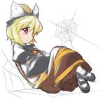  blonde_hair bow brown_dress crossed_arms dress fun_bo hair_bow kurodani_yamame long_sleeves mary_janes ponytail red_eyes shirt shoes silk solo spider_web touhou 