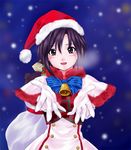  bad_id bad_pixiv_id bell blush bow gloves hat idolmaster idolmaster_(classic) kikuchi_makoto looking_at_viewer miyatomo_(hibaraya) santa_hat short_hair smile snowing solo white_gloves 