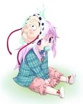  baby bow bubble_skirt commentary expressionless face_mask hata_no_kokoro hyottoko_mask long_hair long_sleeves looking_at_viewer mask pacifier pink_hair purple_eyes shirt sitting skirt socks solo tonbo_(11023) touhou v_arms very_long_hair younger 