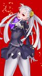  alternate_color ass capcom_fighting_jam gloves grey_legwear hairpods heart highres ingrid long_hair looking_at_viewer looking_back pantyhose pointing pointing_at_viewer red_eyes silver_hair skirt skirt_set smile solo tetsu_(kimuchi) toned 