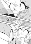  animal_ears bat_ears bat_wings blush breasts carrying catching cleavage comic falling fang furry gashi-gashi greyscale knuckles_the_echidna medium_breasts monochrome princess_carry rain rouge_the_bat sonic_boom_(game) sonic_the_hedgehog translation_request wet wings 