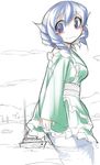  blue_eyes blue_hair blush boat covering covering_ass fun_bo giantess head_fins japanese_clothes kimono looking_at_viewer mermaid monster_girl obi sash solo tears touhou wakasagihime watercraft wavy_mouth 