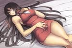  bare_legs bare_shoulders bed_sheet breasts brown_eyes brown_hair dress guilty_gear hand_on_own_chest hand_on_own_stomach impossible_clothes large_breasts lipstick long_hair looking_to_the_side lying makeup miniskirt mitsumachi_senji necktie on_back parted_lips sharon_(guilty_gear) side_slit skirt solo tight_dress turtleneck very_long_hair 