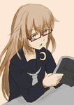  bad_id bad_pixiv_id book brown_eyes brown_hair glasses kantai_collection kirisaki_akihito long_hair mochizuki_(kantai_collection) open_mouth reading red-framed_eyewear school_uniform serafuku solo 