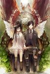  1girl angel_wings bird black_hair closed_eyes commentary doll_joints dress expressionless formal green_eyes hat holding_hands interlocked_fingers long_hair looking_at_viewer necktie nineo original plant short_hair sitting suit throne wings 