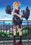  1girl ;d aa_gun blonde_hair cannon city full_body gloves green_eyes hair_ornament kantai_collection loafers maikaze_(kantai_collection) ocean one_eye_closed open_mouth ponytail railing ribbon school_uniform shirt shoes short_hair short_sleeves skirt smile socks solo sun sunlight torpedo vest white_gloves 