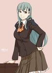  aqua_eyes aqua_hair ascot bad_id bad_pixiv_id blazer breasts hair_ornament hairclip hand_on_hip jacket kantai_collection kirisaki_akihito large_breasts long_hair school_uniform skirt smile solo suzuya_(kantai_collection) table 