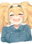  blonde_hair blue_shirt breast_pocket breasts buttons closed_eyes collared_shirt commentary crying gambier_bay_(kantai_collection) hair_between_eyes hairband happy happy_tears highres kantai_collection large_breasts open_mouth pocket shirt simoyuki smile snot tearing_up tears twintails upper_body white_background 