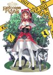  1girl ahoge bad_id bad_pixiv_id breasts brown_hair caution_tape cleavage commentary_request copyright_name crossed_arms highres little_red_riding_hood medium_breasts princess_royale red_eyes road_sign sign thighhighs tokumaro white_legwear wolf zettai_ryouiki 
