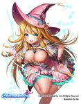  aile_(crossroads) blonde_hair blue_eyes blush breasts cleavage hat large_breasts long_hair magic official_art sirius_(soccer_spirits) smile soccer_spirits solo watermark witch_hat 