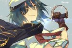  aqua_hair brown_gloves cape chig eyepatch gloves green_eyes kantai_collection kiso_(kantai_collection) looking_at_viewer necktie over_shoulder remodel_(kantai_collection) short_hair smile solo sword sword_over_shoulder twitter_username upper_body weapon weapon_over_shoulder 