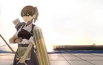  arrow ashiwara_yuu bow_(weapon) brown_hair gloves japanese_clothes kaga_(aircraft_carrier) kaga_(kantai_collection) kantai_collection muneate partly_fingerless_gloves ship short_hair side_ponytail silhouette skirt solo sunset watercraft weapon yugake 