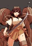  bad_id bad_pixiv_id blouse brown_eyes brown_hair cannon hyuuga_(kantai_collection) japanese_clothes kantai_collection katana kirisaki_akihito short_hair skirt solo sword turret weapon 