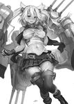  blush breasts budget_sarashi dark_skin fingerless_gloves glasses gloves greyscale headgear kantai_collection large_breasts lm7_(op-center) long_hair monochrome musashi_(kantai_collection) open_mouth pointy_hair sarashi signature skirt solo thighhighs twintails 