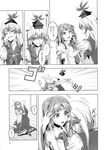  &gt;_&lt; 3girls :o arm_up closed_eyes comic detached_sleeves doujinshi dress emphasis_lines greyscale hallway hat hat_removed headbutt headwear_removed highres indoors kamishirasawa_keine kochiya_sanae long_sleeves monochrome multiple_girls necktie open_mouth ribbon scan tate_eboshi touhou translated vest wince zounose 