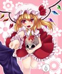  bad_id bad_pixiv_id blonde_hair blood blush_stickers bow clothes_grab crystal dress flandre_scarlet flower frills hair_bow hat highres maru_daizu_(aqua6233) miniskirt mob_cap pink_background puffy_short_sleeves puffy_sleeves reaching red_dress red_eyes short_hair short_sleeves skirt skull solo spoken_sweatdrop standing standing_on_one_leg sweatdrop touhou wings wrist_cuffs 